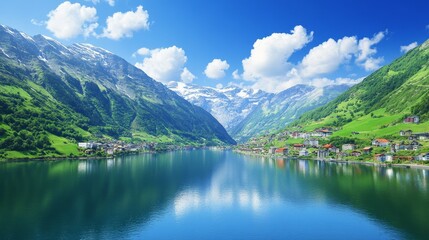 Serene Alpine Lake Village Mountain Scenery