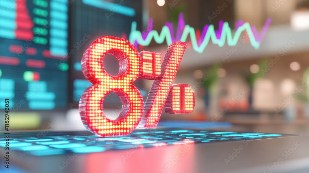 Poster digital glowing 8% symbol on keyboard with financial data background
