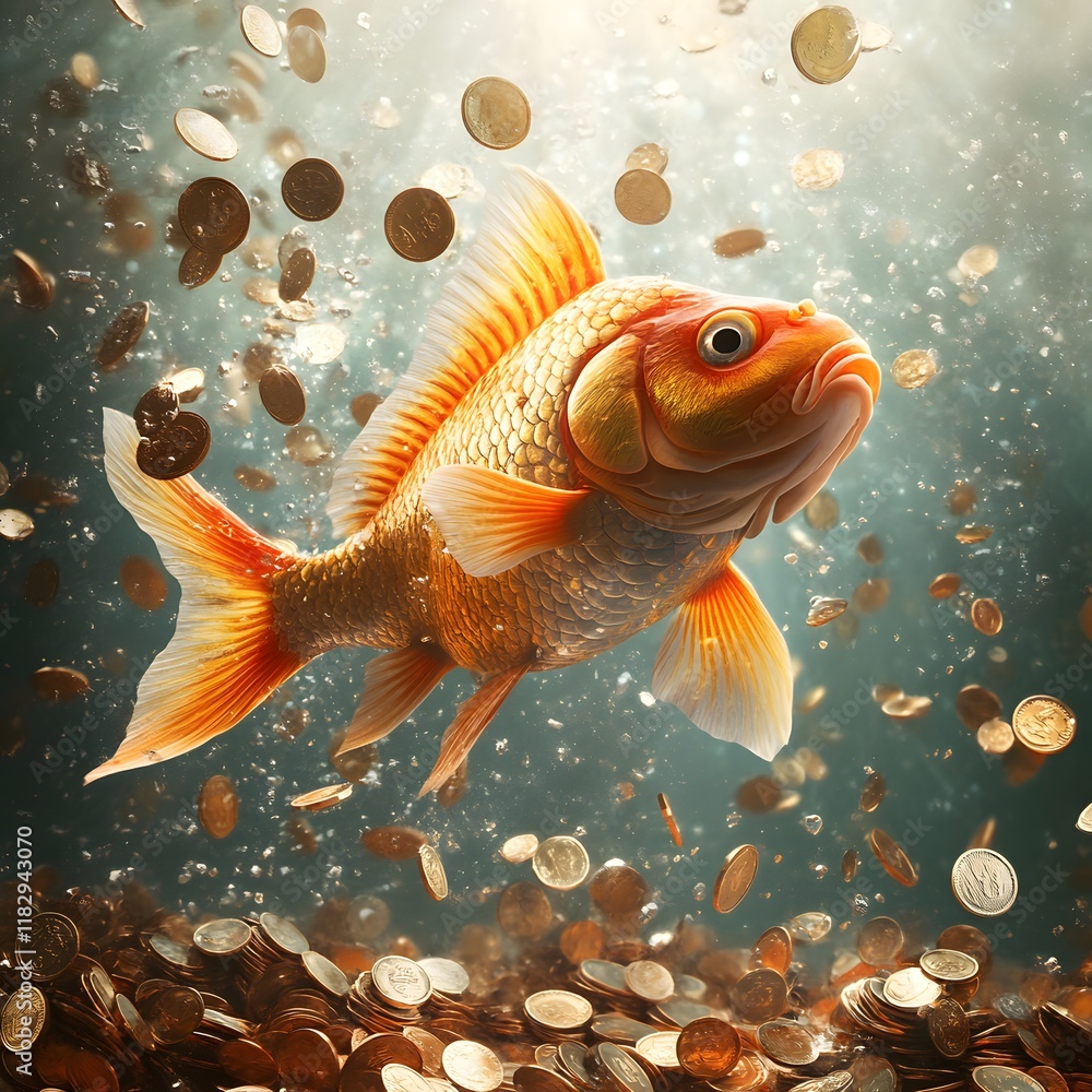 Poster glowing vibrant goldfish swimming in enchanted underwater realm with shimmering coins and floating b