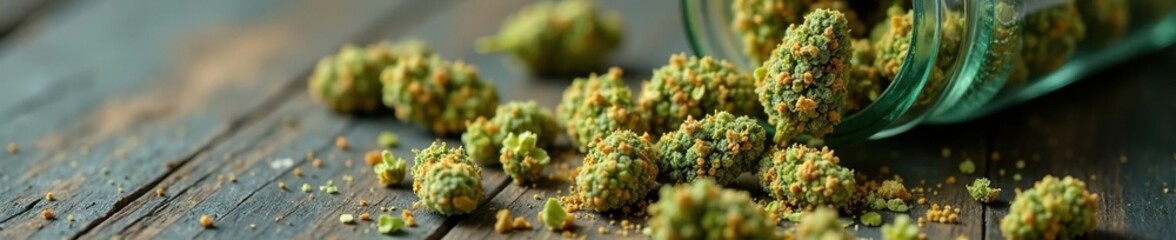 A bundle of dried green weed spilling out of a glass jar with broken stem, Broken, Dried, Buds