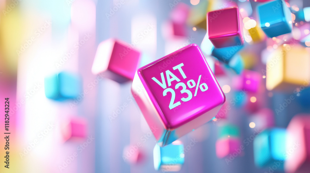 Poster colorful cubes with vat 23% text floating in vibrant background
