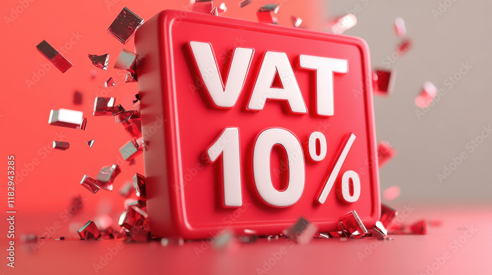 Poster red vat 10% sign with metallic shards exploding around it, symbolizing impact