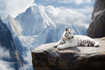 Tigre blanc sur un rocher de montagne enneigé