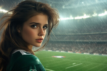 Supportrice dans un stade sous la pluie