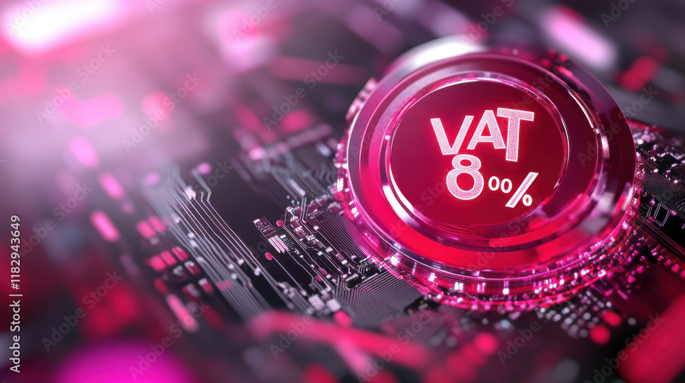 Poster shiny red vat 8% typography on circuit board with dynamic shadows