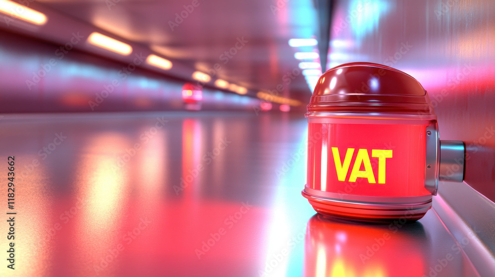 Aufkleber shiny red container with vat label in reflective corridor, creating vibrant atmosphere