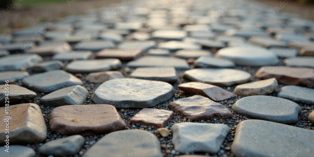 Poster a pathway of smooth, irregularly shaped stones, illuminated by soft sunlight, creating a tranquil an