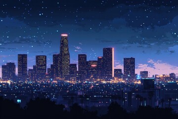 Obraz premium A night view of the LA skyline with skyscrapers illuminated against a dark blue sky