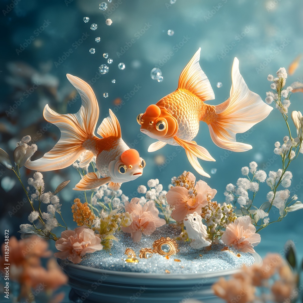Poster captivating image of a magical underwater scene showcasing a vibrant array of goldfish swimming amid
