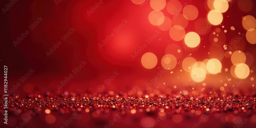 Poster red glitter background with sparkling lights and bokeh effects
