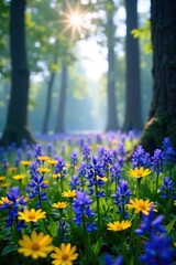 Obraz premium Bluebells and yellow daisies in a woodland garden, daisy, trees, woodland