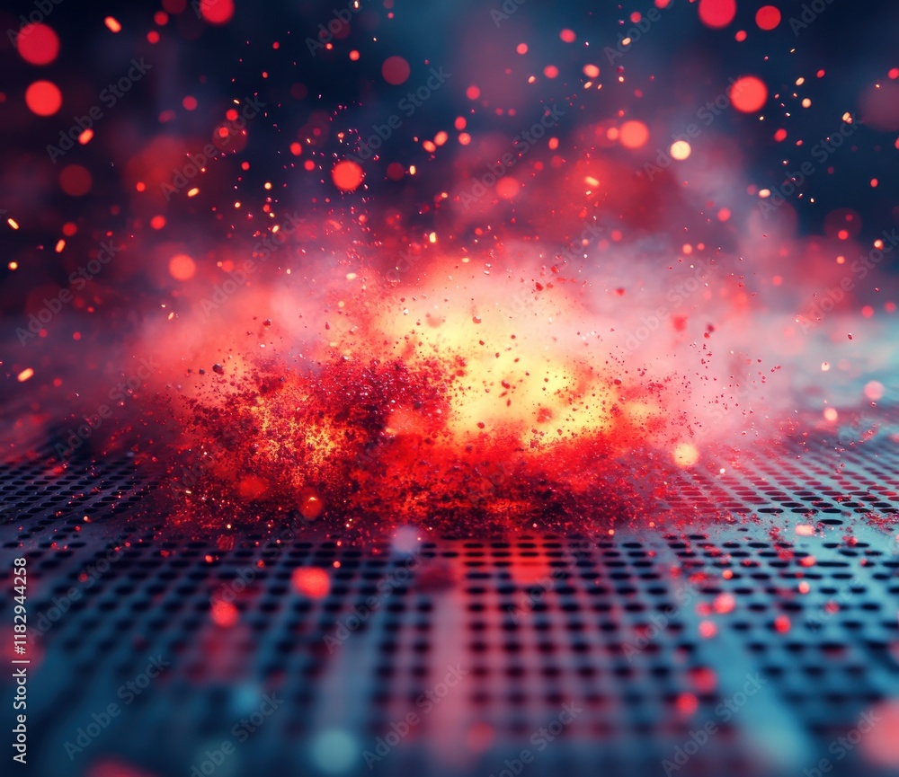 Poster vibrant abstract explosion with red and orange particles creating a dynamic visual effect against a 