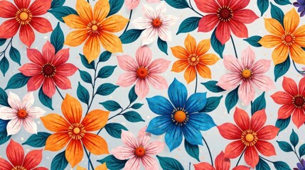 Obraz premium Vibrant Floral Pattern Featuring a Diverse Array of Blossoms in a Festive Design