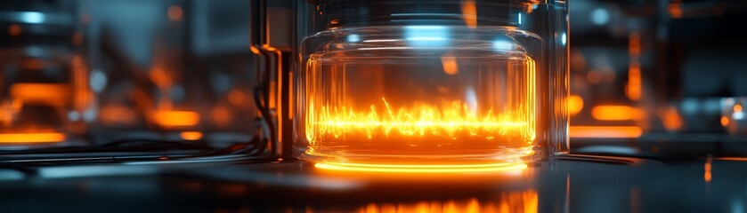 A glowing jar filled with a bright, orange substance is prominently displayed in a high-tech laboratory setting, highlighting a futuristic vibe.