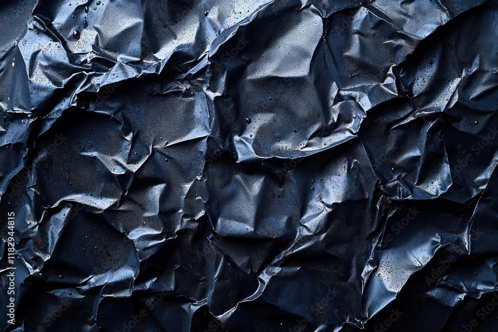 Poster crumpled black plastic close-up texture with intricate patterns and shadows