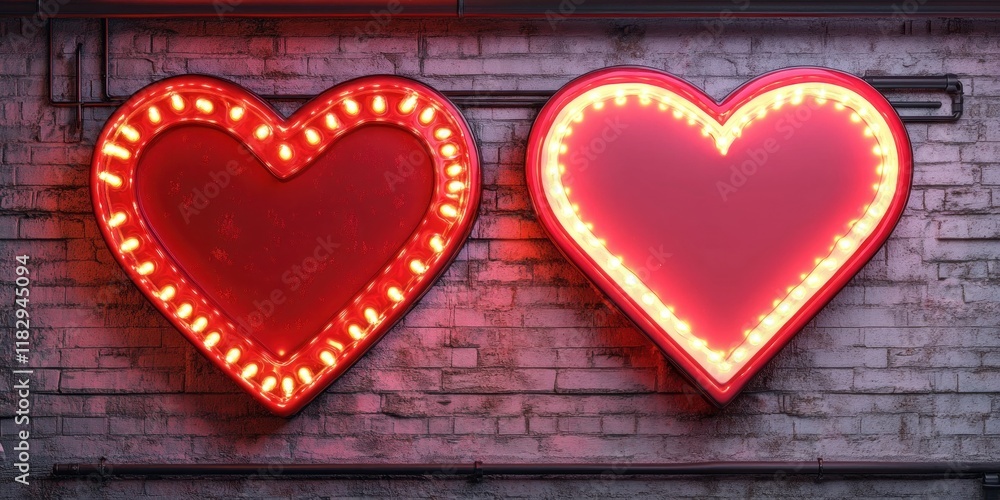 Poster neon heart sign frame with retro light bulbs and blank red heart minimal 3d art