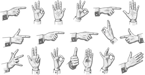 vector set vintage hand pointing retro drawing handshake hand icon high five black and white greeting card ready