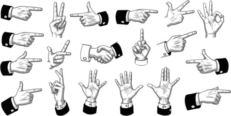 vector set vintage hand pointing retro drawing handshake hand icon high five black and white greeting card ready