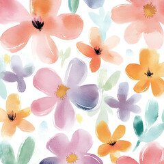 Watercolor Floral Design with Blossoms in Coral, Lavender, Mint Green, and Yellow  
