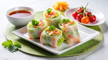 Fresh Shrimp & Vegetable Spring Rolls with Sweet & Sour Sauce - Asian Food Photography