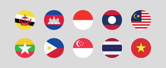 Flag of All ASEAN member countries. ASEAN countries round flag Bundle.