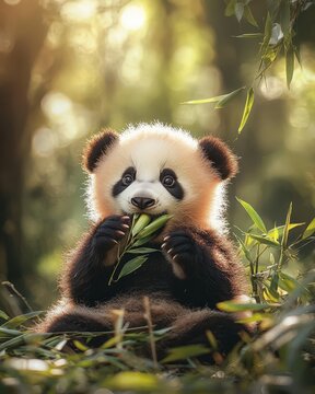 A panda cub playfully chewing on a bamboo shoot, with sunlight streaming through a forest