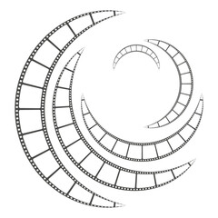 Film strip spiral. Black cinematic shapes. Circular motion design. Retro vector concept.