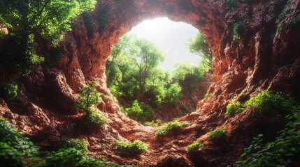 Obraz premium Enchanted Circular Cave with Lush Greenery and Bright Light Streaming Through Natural Opening