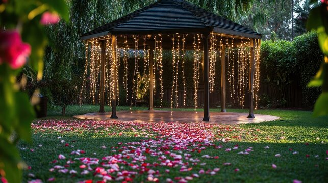 A beautifully lit gazebo adorned with rose petals, creating a romantic atmosphere.