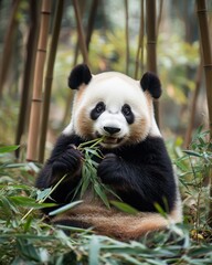 Obraz premium A panda sitting in a bamboo forest, happily munching on a fresh bamboo stalk