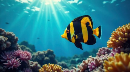 Obraz premium Vibrant Yellow and Black Fish Swimming in a Sunlit Coral Reef