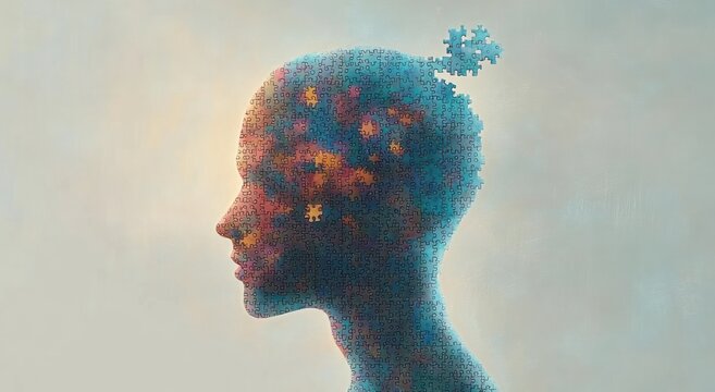 Surreal Illustration of Human Head as Jigsaw Puzzle Concept Mind Psychology Freedom Solution