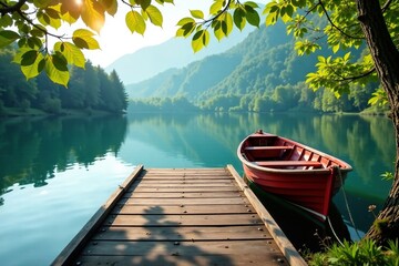 Fototapeta premium Lake dock with a turned boat in the background, tree branches, background, docks