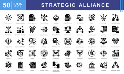 Strategic Alliance icon collection set. Containing partnership, collaboration, joint venture, cooperative agreement, synergy, shared objective, mutual benefit icon.