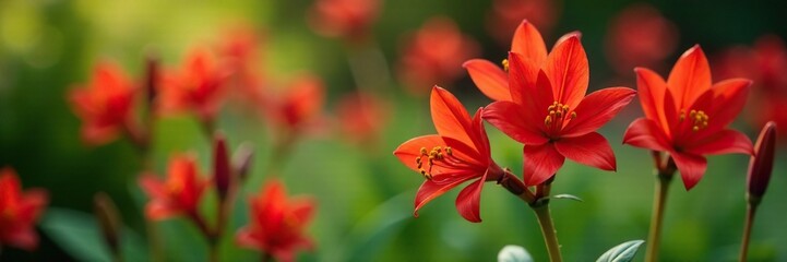 Low growing Lycoris radiata plant with bright red flowers, autumn leaves, plants, garden decor