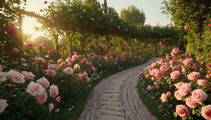 Obraz premium serene sunrise in a blooming rose garden with pathway
