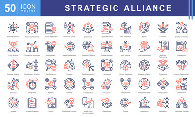 Strategic Alliance icon collection set. Containing partnership, collaboration, joint venture, cooperative agreement, synergy, shared objective, mutual benefit icon.