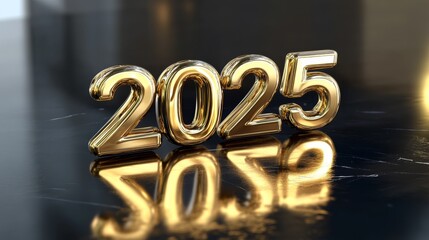 Luxurious 3D Golden "2025" Displayed with Radiant Glow and Soft Shadows on Clean Surface