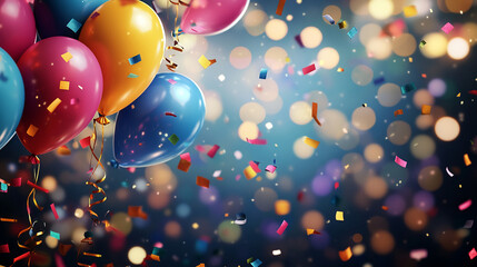 Sparkling celebration background featuring colorful confetti, glowing lights, and vibrant party balloons for festive moments
