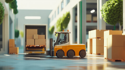 Naklejka premium Electric forklift loading goods to truck. AGV robot and cardboard boxes in modern distribution center. 3D rendering image.