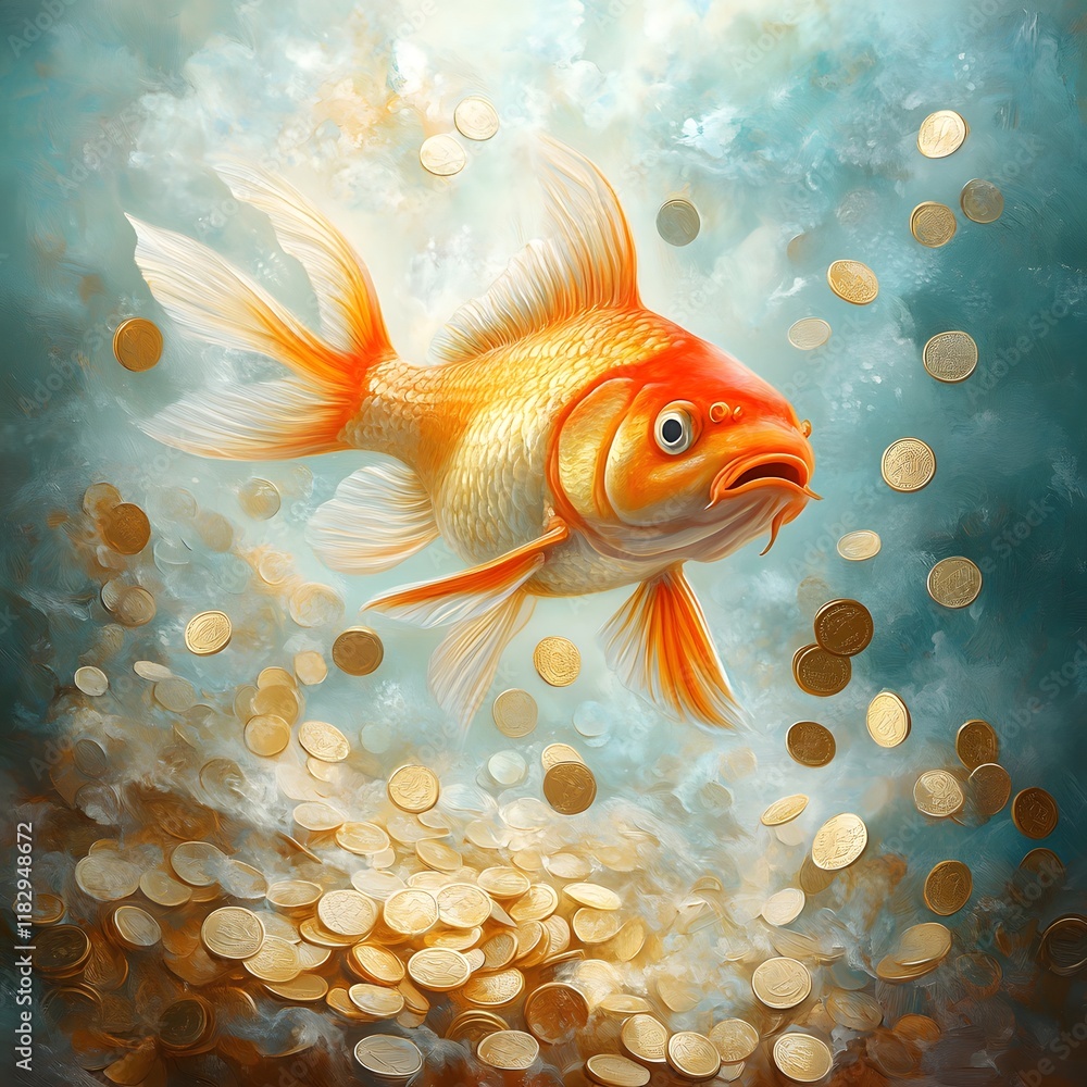 Poster mesmerizing golden goldfish swimming in a surreal underwater dreamscape surrounded by enchanting bub