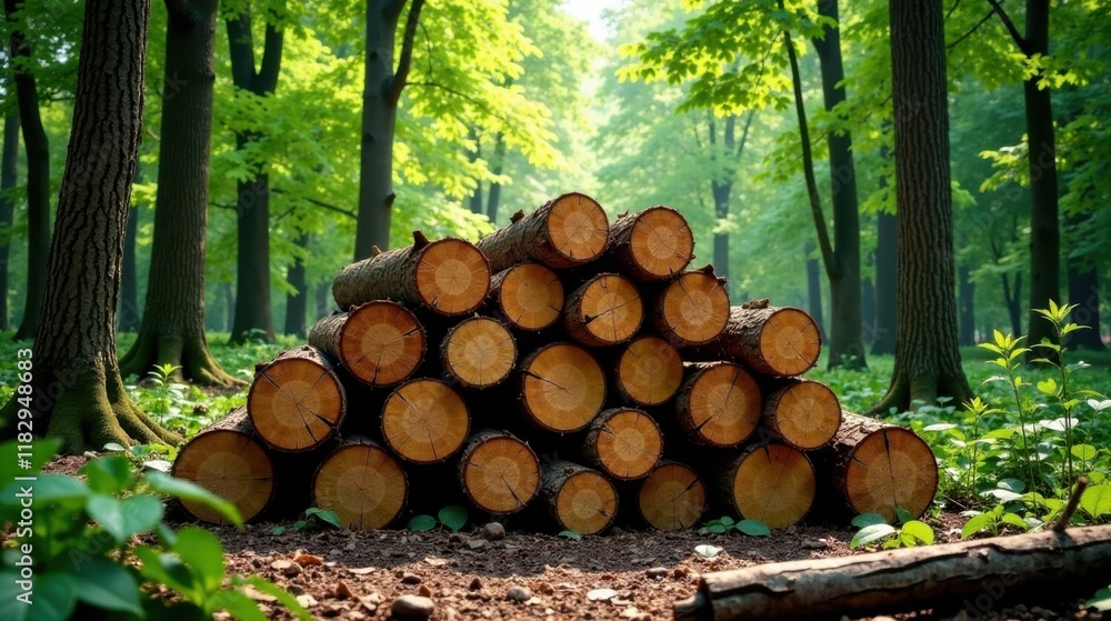 Poster a stack of neatly arranged logs rests in a sun-dappled forest clearing, surrounded by lush green veg