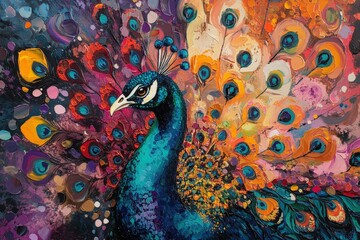 A peacock spreading its vibrant feathers in a dazzling display of colors