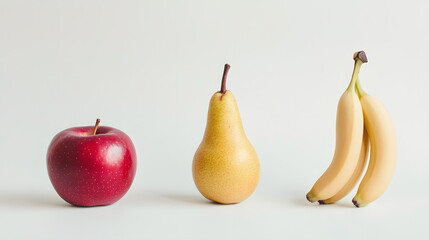 A red apple, yellow pear, and bunch of bananas are arranged in a row against a white background.  Simple, clean, and vibrant, this image is perfect for health, diet, or food-related projects.