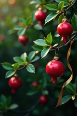Obraz premium Pomegranate foliage with sparkling red ornaments and golden ribbons hanging from twigs, sparkling, ribbons