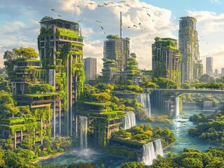 Naklejka premium Futuristic Urban Landscape with Nature Integration and Waterfalls