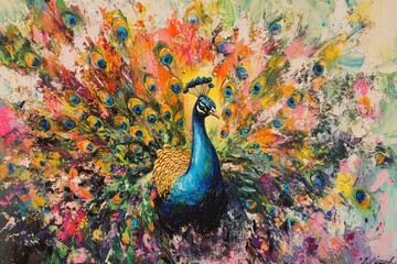 Obraz premium A peacock spreading its vibrant feathers in a dazzling display of colors