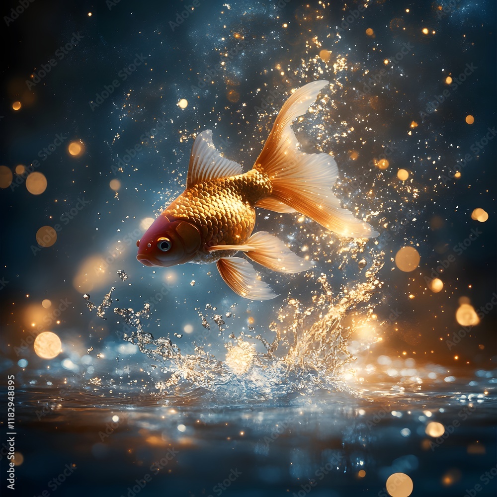 Poster a stunning digital artwork depicting a vibrant goldfish leaping through shimmering bubbling water cr