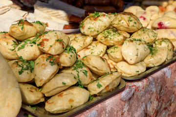 Ukraine, Kiev, Kyiv. Potato dumplings called pierogis. Village of Olkhovsky outside the city.