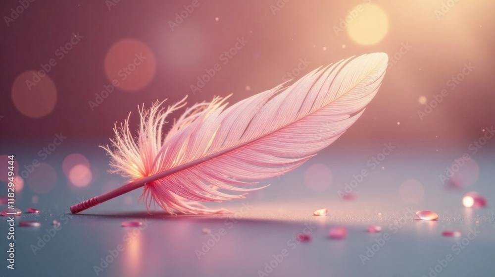 Poster Delicate Pink Feather Resting on a Smooth Surface with Soft Light and Sparkling Gems